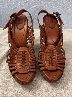 Frye Brown Woven Leather Slingback Sandals Wooden Heel SZ 8 B Caged Platform VTG